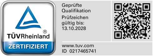TÜV Rheinland Prüfzeichen: Geprüfte Qualifikation, gültig bis 13.10.2028, ID 0217465741